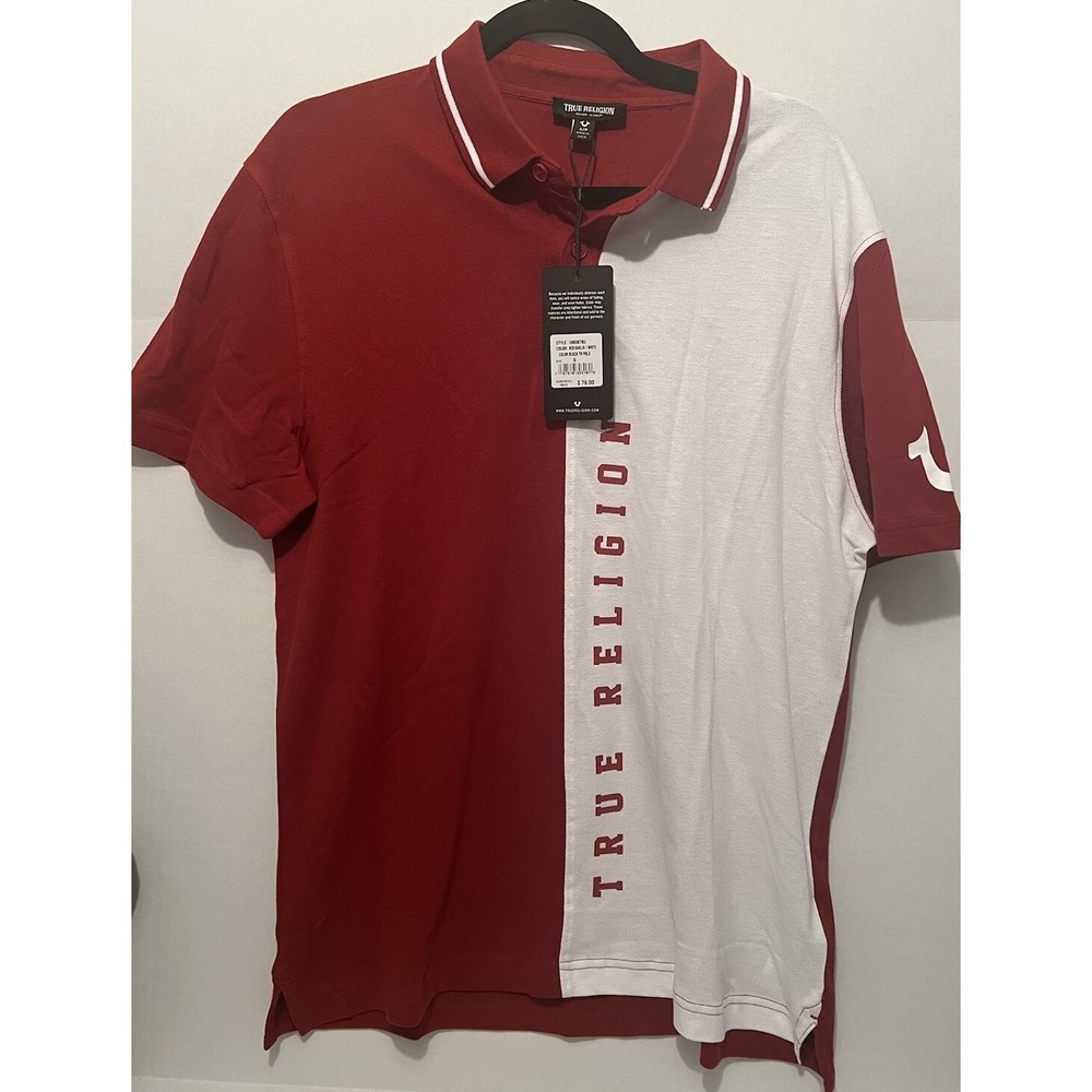 Men's True Religion Buddha Logo SS Polo Shirt - Color Block - Red White - Size S